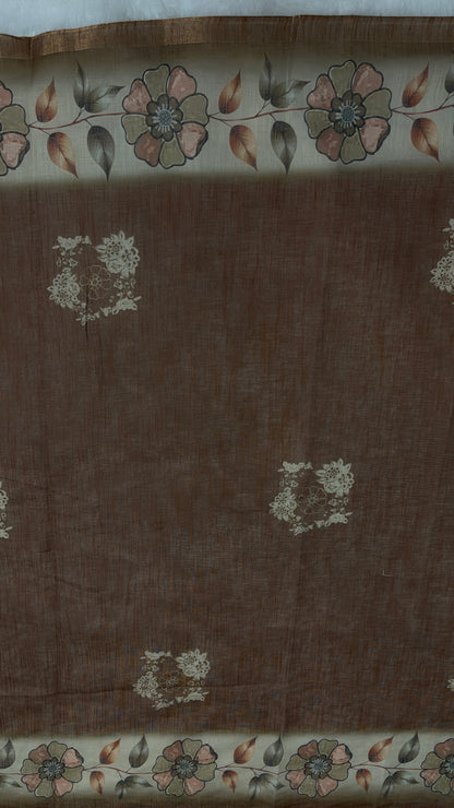 Cotton Linen Coffee Brown with Beige Pallu Flower Printed Saree