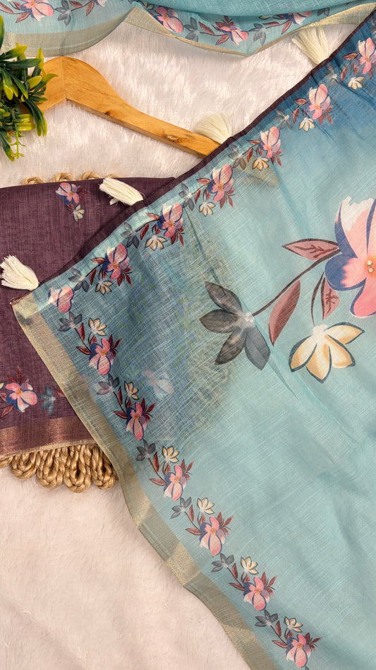 Cotton Linen Ocean Blue color Flower Print Saree