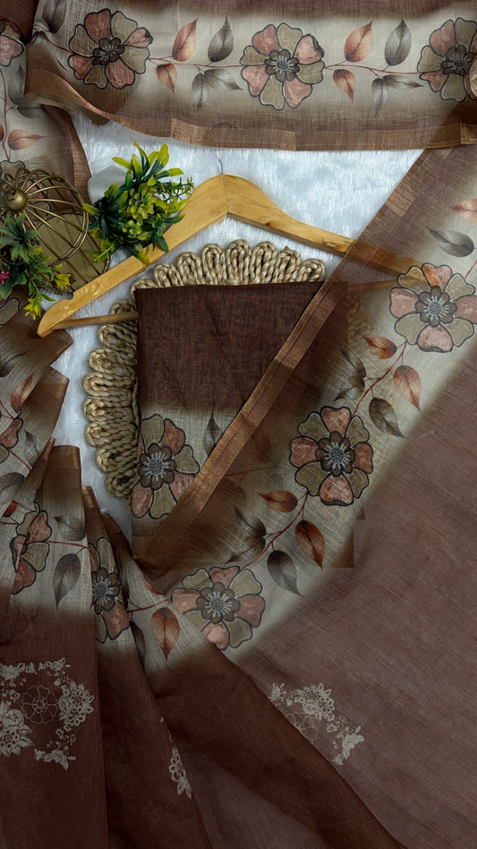 Cotton Linen Coffee Brown with Beige Pallu Flower Printed Saree