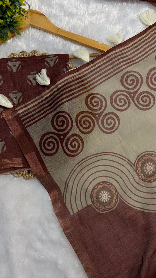 Cotton Linen Maroon with Rust Tone Abstract Prints Saree