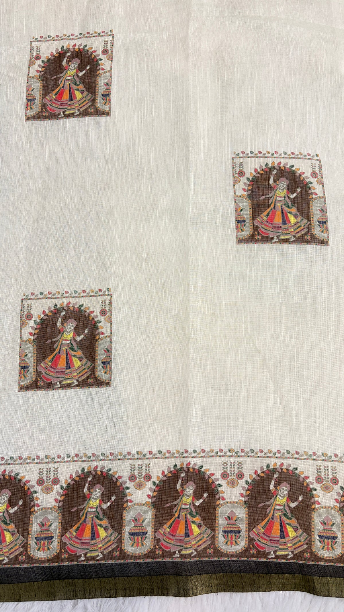 Cotton Linen Navratri Special Cream color Printed Saree