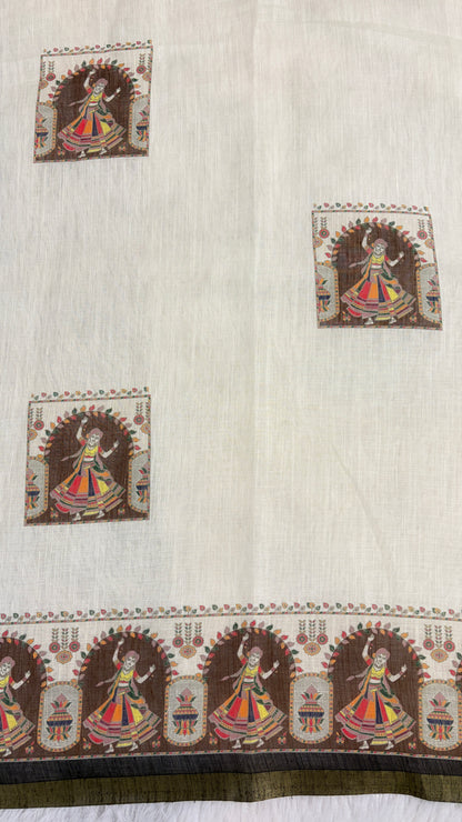 Cotton Linen Navratri Special Cream color Printed Saree