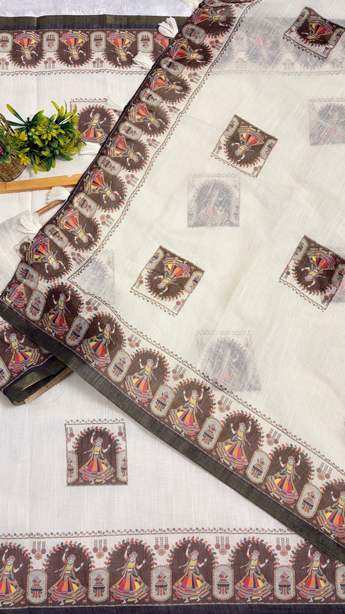 Cotton Linen Navratri Special Cream color Printed Saree