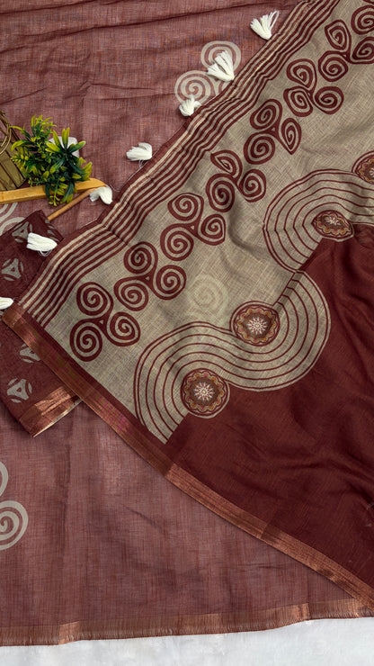 Cotton Linen Maroon with Rust Tone Abstract Prints Saree