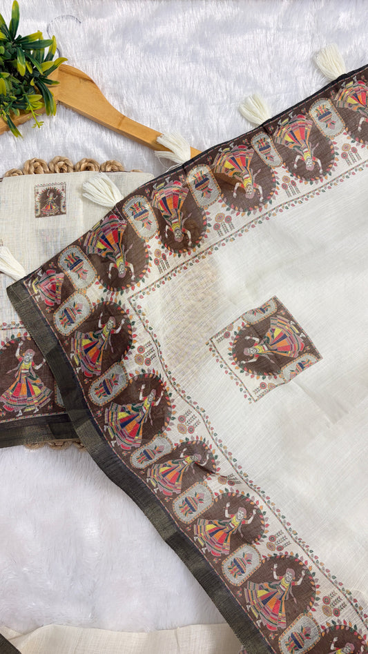 Cotton Linen Navratri Special Cream color Printed Saree