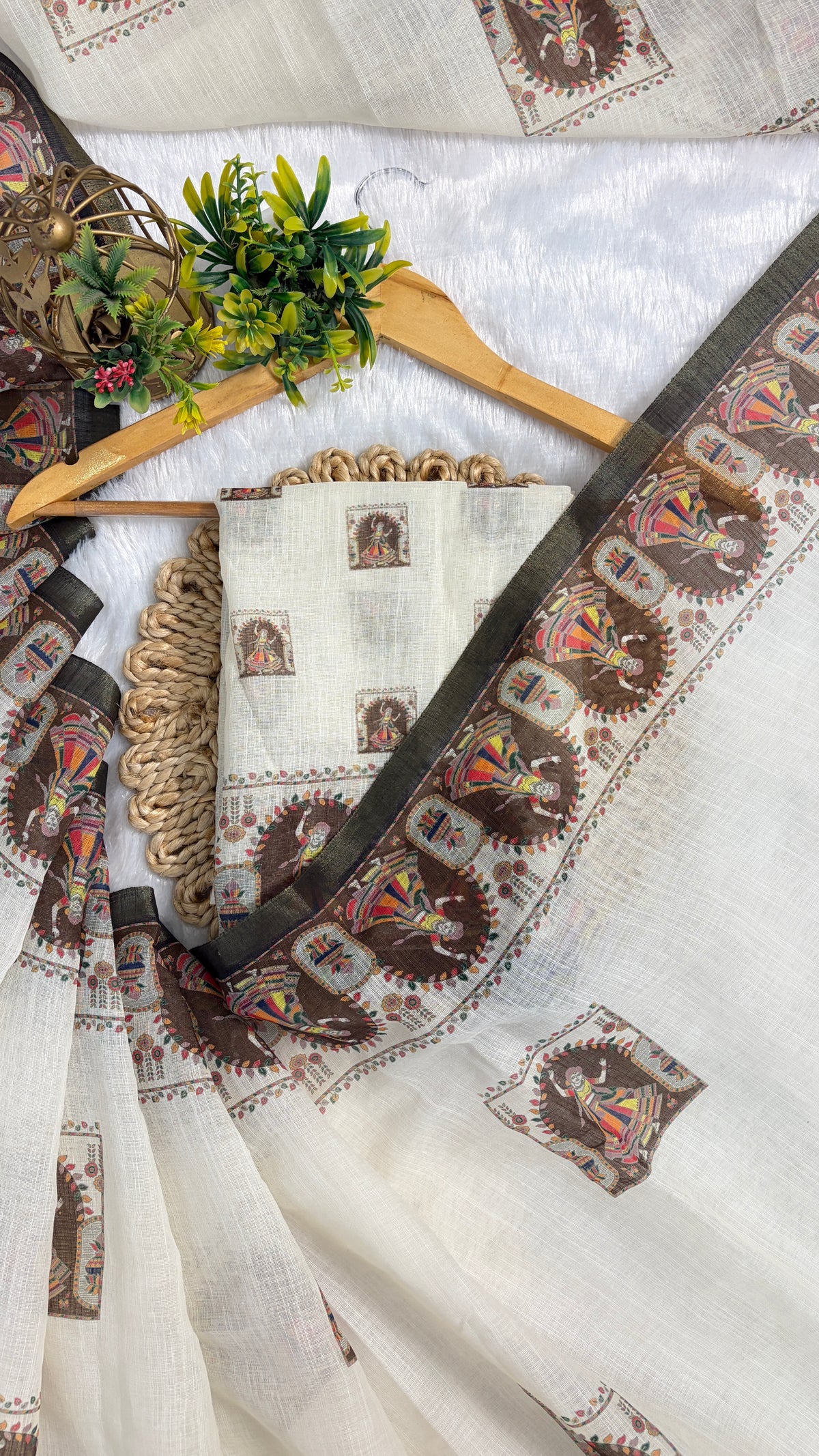 Cotton Linen Navratri Special Cream color Printed Saree