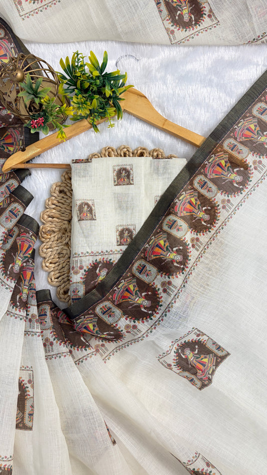 Cotton Linen Navratri Special Cream color Printed Saree