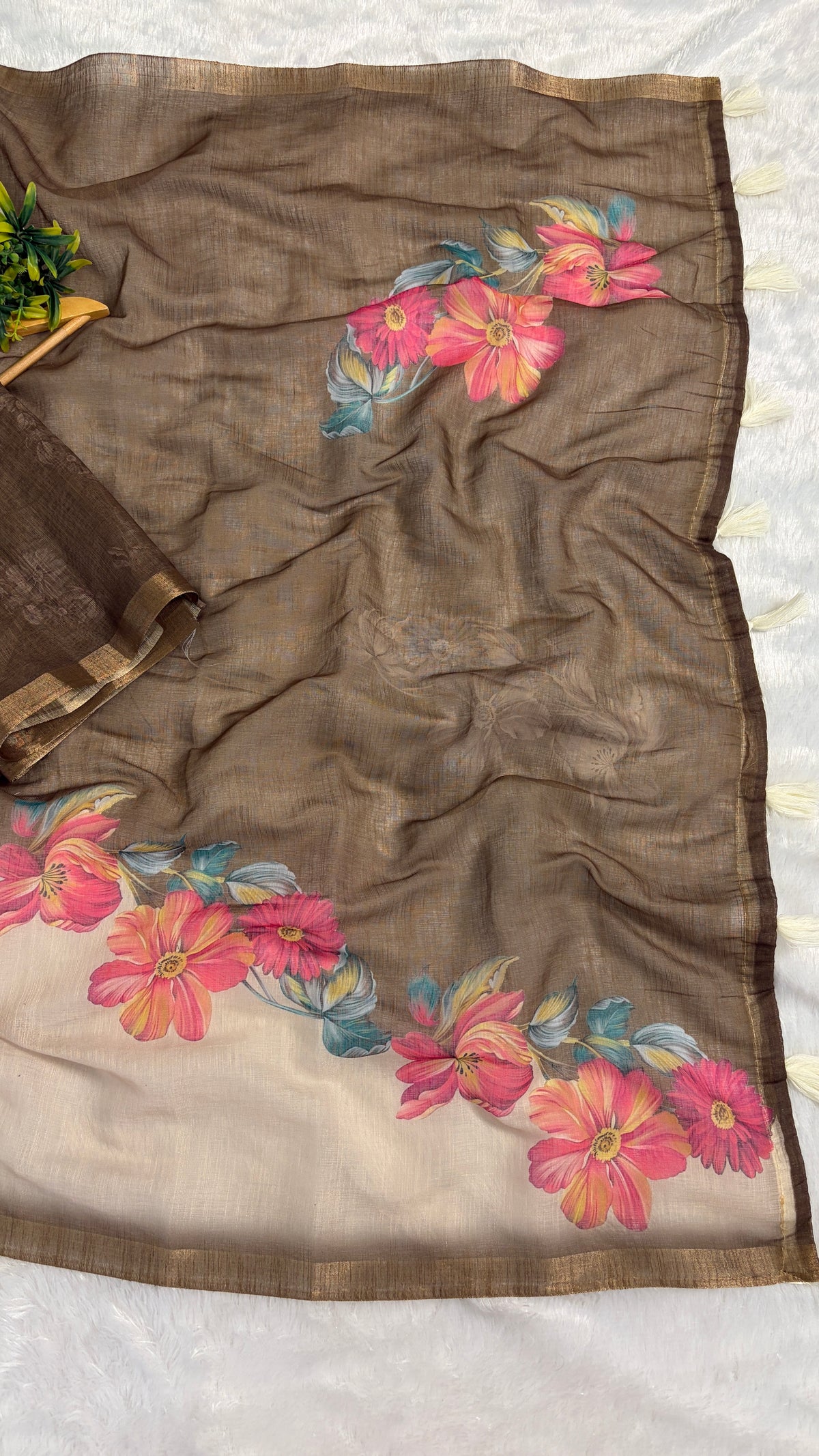 Cotton Linen Beige plus Mahendi Colour flower Print Saree