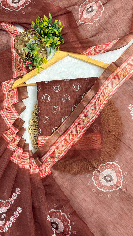 Cotton Linen Rust Color Abstract Printed Saree