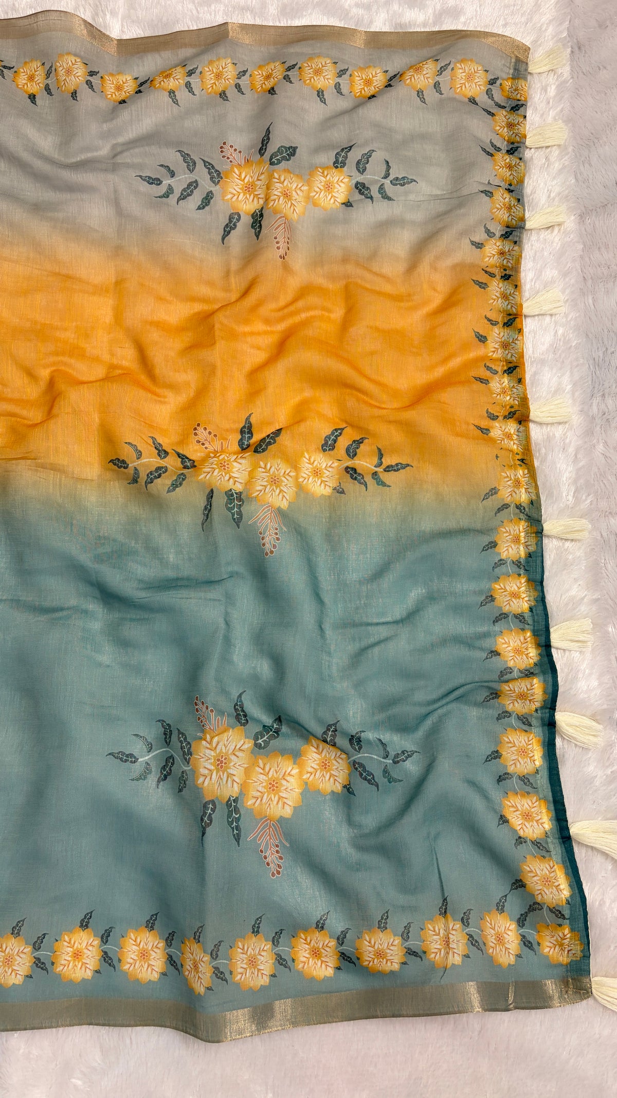 Cotton Linen Shaded Sky blue plus Yellow Color Flower Printed Saree