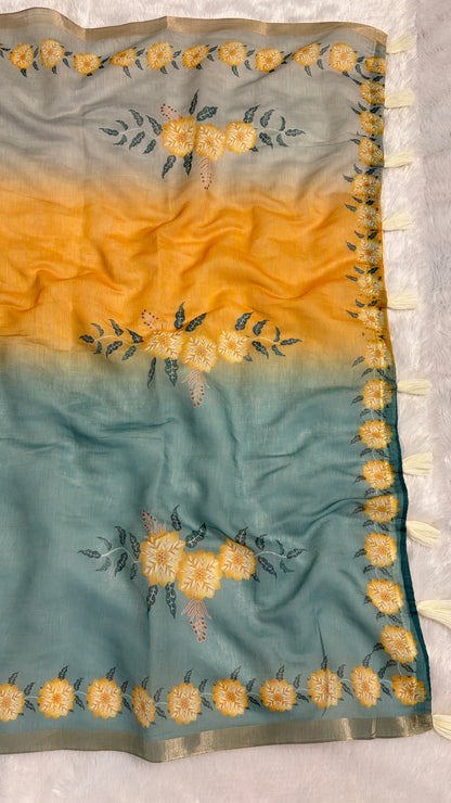Cotton Linen Shaded Sky blue plus Yellow Color Flower Printed Saree