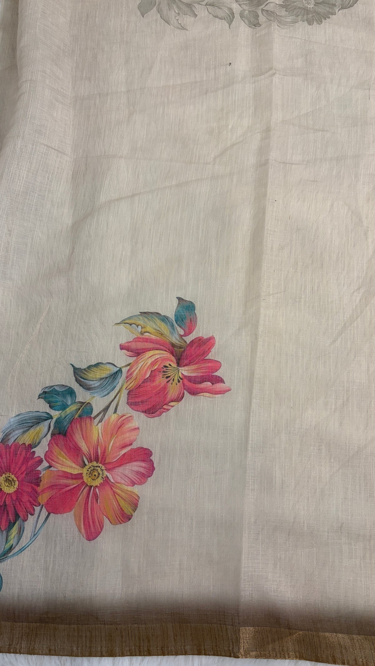 Cotton Linen Beige plus Mahendi Colour flower Print Saree