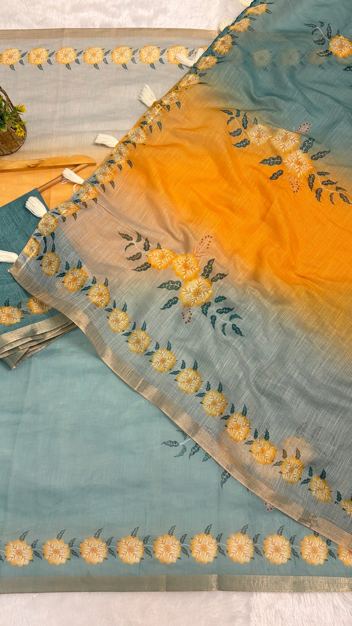 Cotton Linen Shaded Sky blue plus Yellow Color Flower Printed Saree