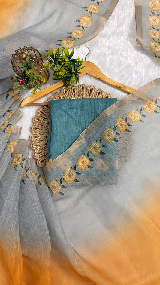 Cotton Linen Shaded Sky blue plus Yellow Color Flower Printed Saree