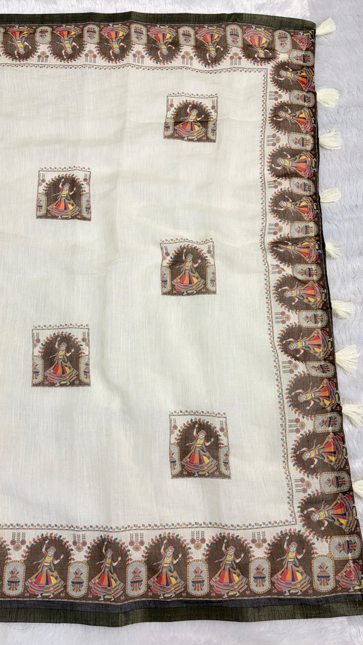 Cotton Linen Navratri Special Cream color Printed Saree