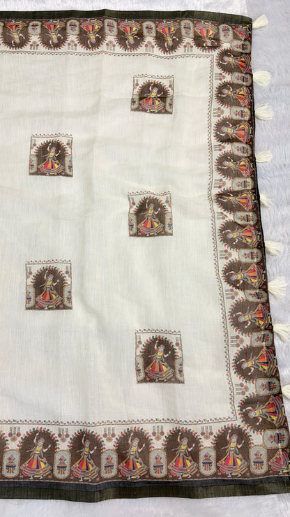 Cotton Linen Navratri Special Cream color Printed Saree