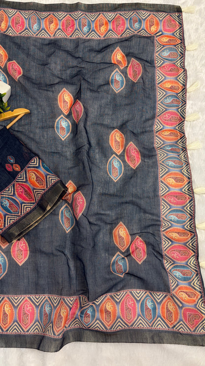 Cotton Linen Dark Blue Color with Abstract Printed Saree