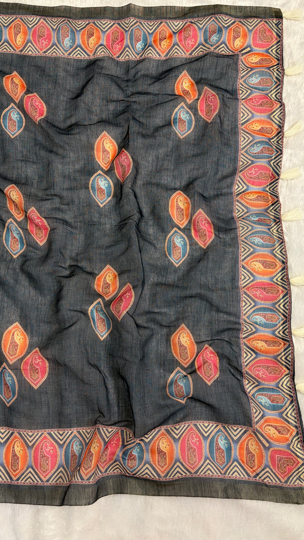 Cotton Linen Dark Blue Color with Abstract Printed Saree