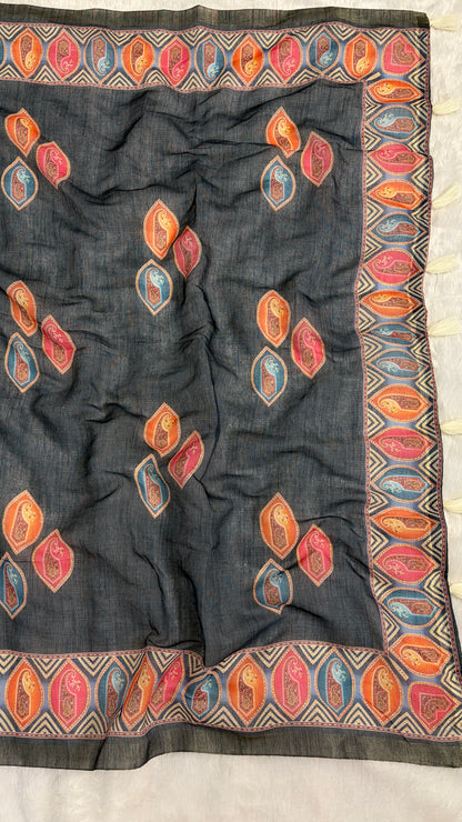 Cotton Linen Dark Blue Color with Abstract Printed Saree