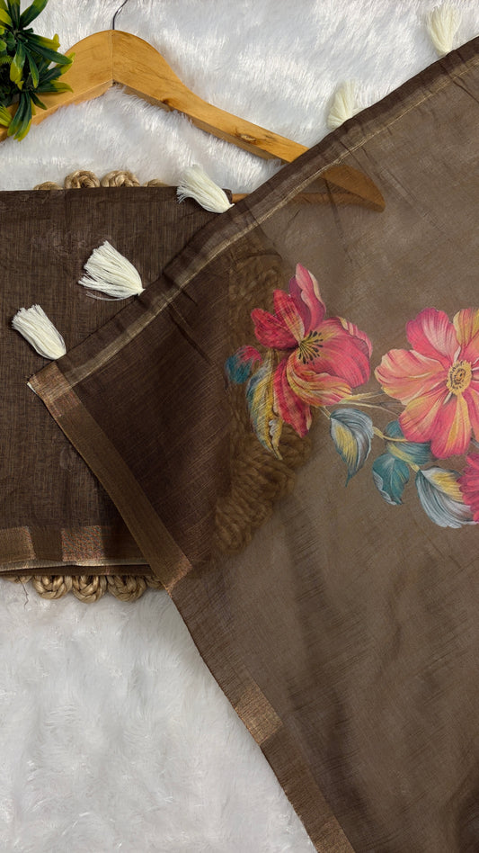Cotton Linen Beige plus Mahendi Colour flower Print Saree