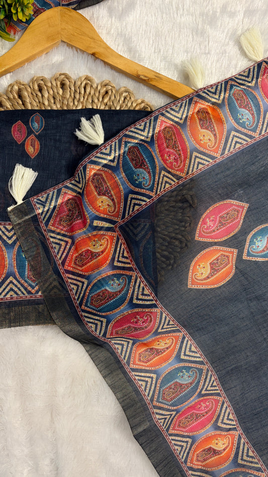 Cotton Linen Dark Blue Color with Abstract Printed Saree