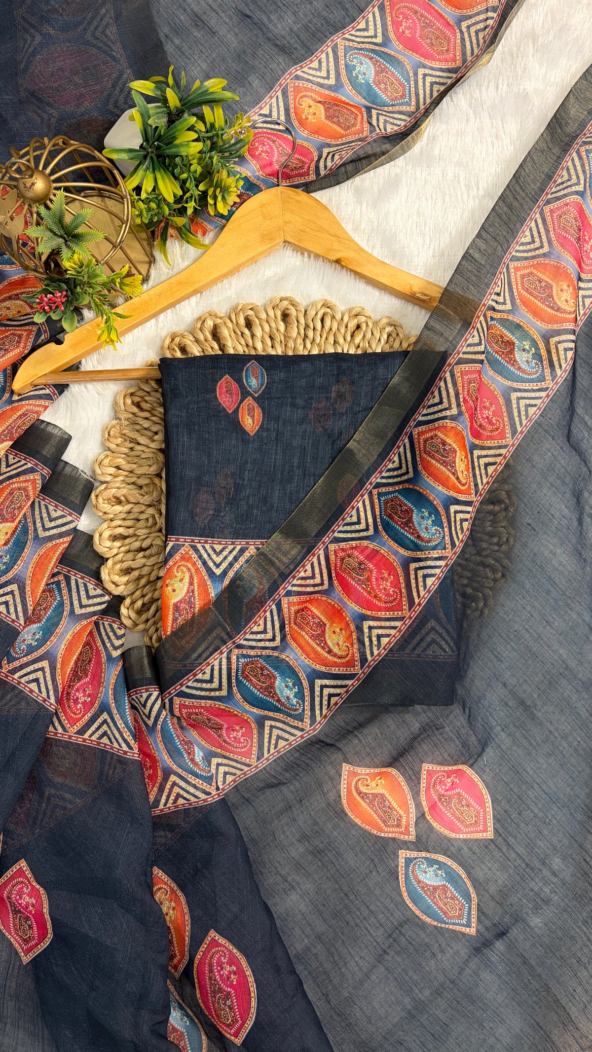 Cotton Linen Dark Blue Color with Abstract Printed Saree