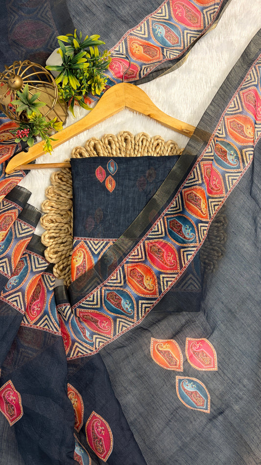 Cotton Linen Dark Blue Color with Abstract Printed Saree