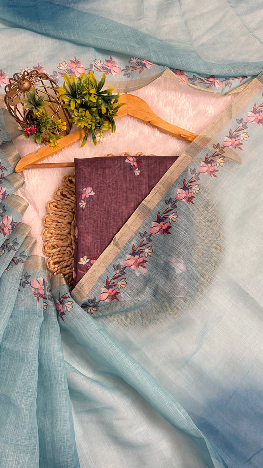 Cotton Linen Ocean Blue color Flower Print Saree