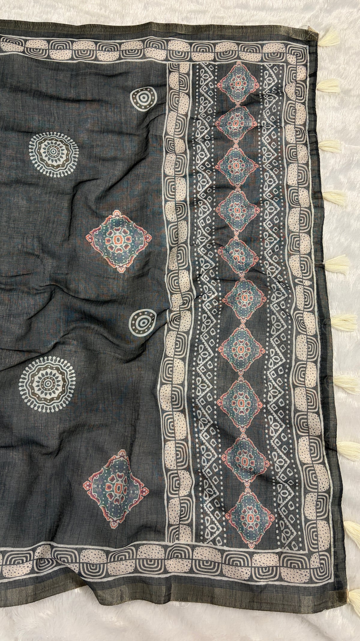 Cotton Linen Grey With Blue Tone Abstract Print Saree