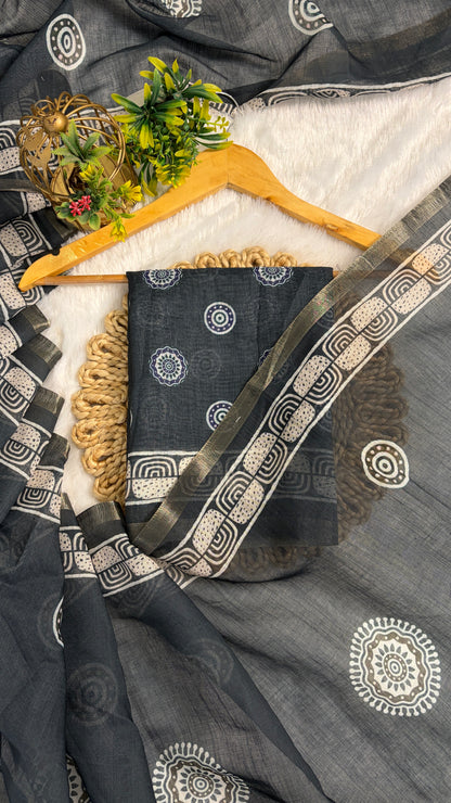 Cotton Linen Grey With Blue Tone Abstract Print Saree