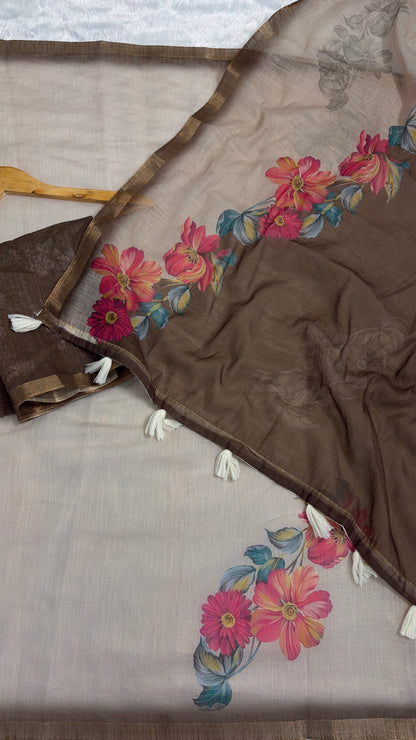 Cotton Linen Beige plus Mahendi Colour flower Print Saree