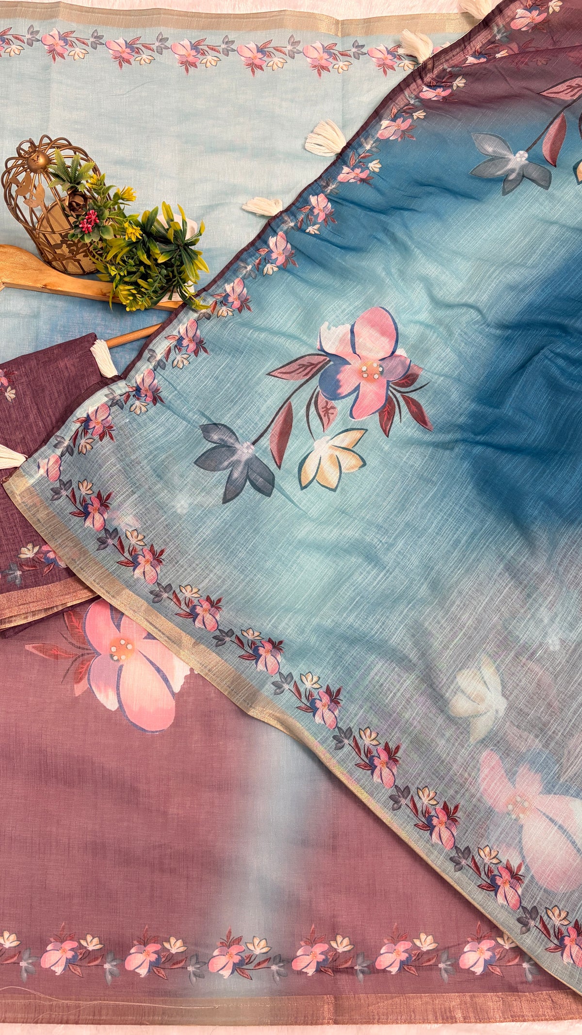 Cotton Linen Ocean Blue color Flower Print Saree