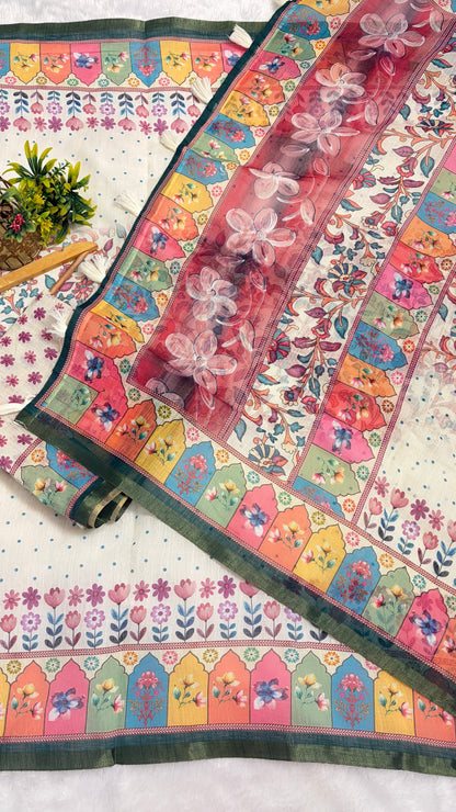 Cotton Linen Multi Color Heavy Printed Saree