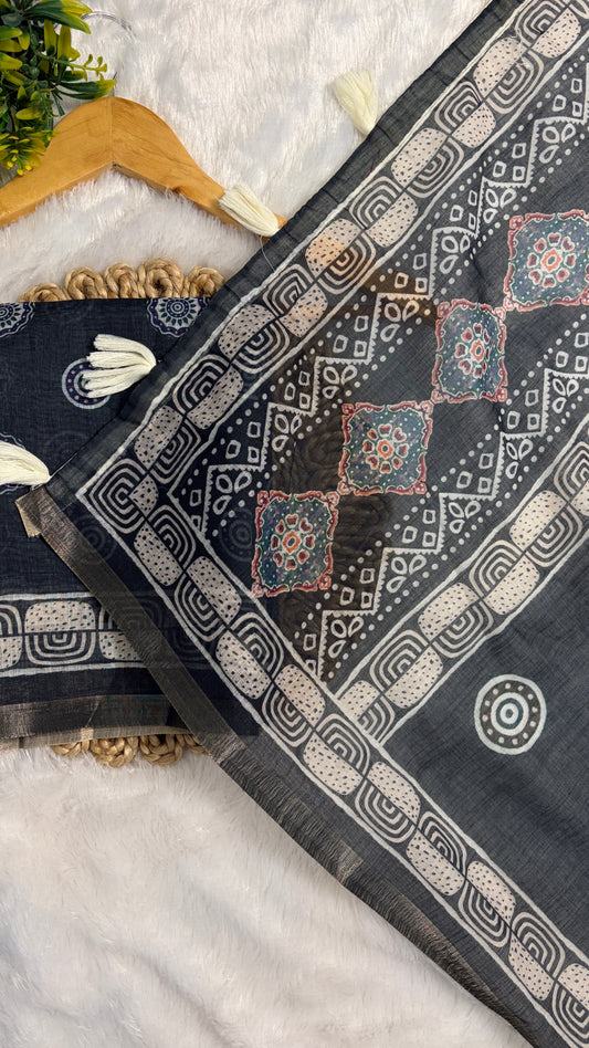 Cotton Linen Grey With Blue Tone Abstract Print Saree