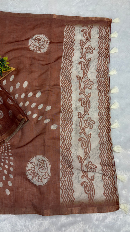 Cotton Linen Rust Color Abstract Print Saree