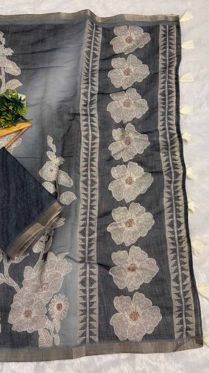 Cotton Linen Dual Grey Color Flower Print Saree
