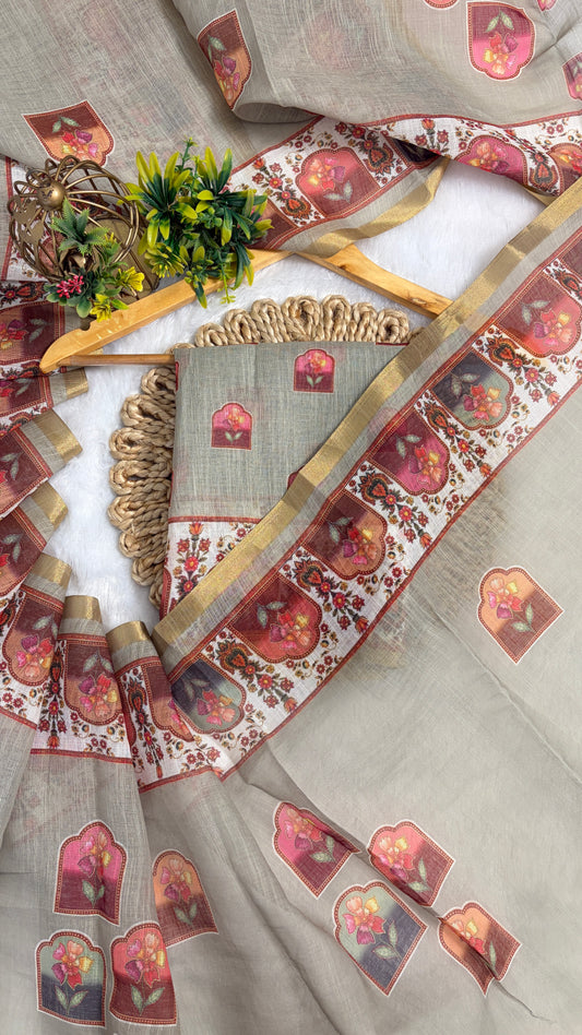 Cotton Linen Light Pista Color Abstract Print Saree