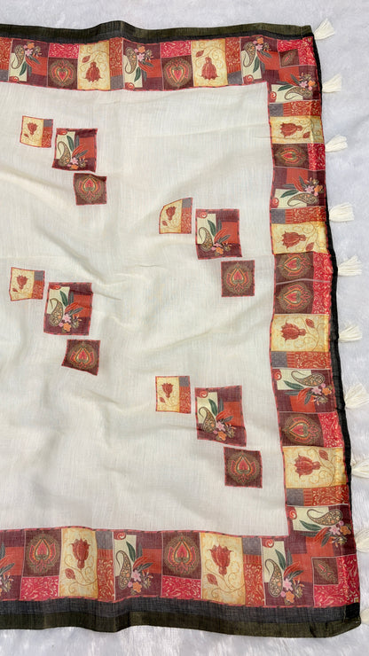Cotton Linen White Color With Colorfull Printed Pallu Saree
