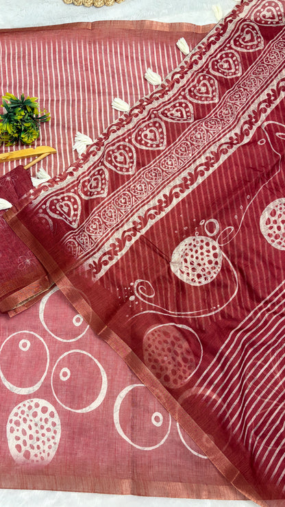 Cotton Linen Dusty Pink Color With Abstract Print Saree