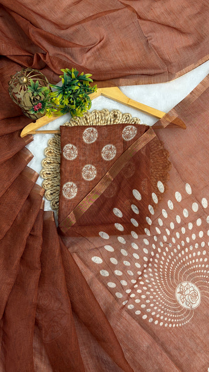 Cotton Linen Rust Color Abstract Print Saree