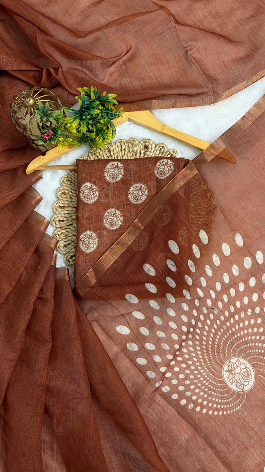 Cotton Linen Rust Color Abstract Print Saree