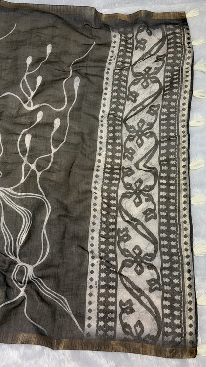 Cotton Linen Bottle Green Color Saree