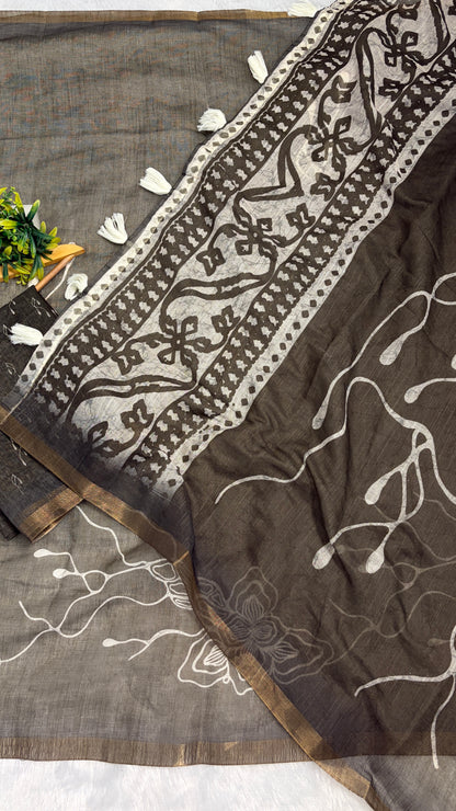 Cotton Linen Bottle Green Color Saree