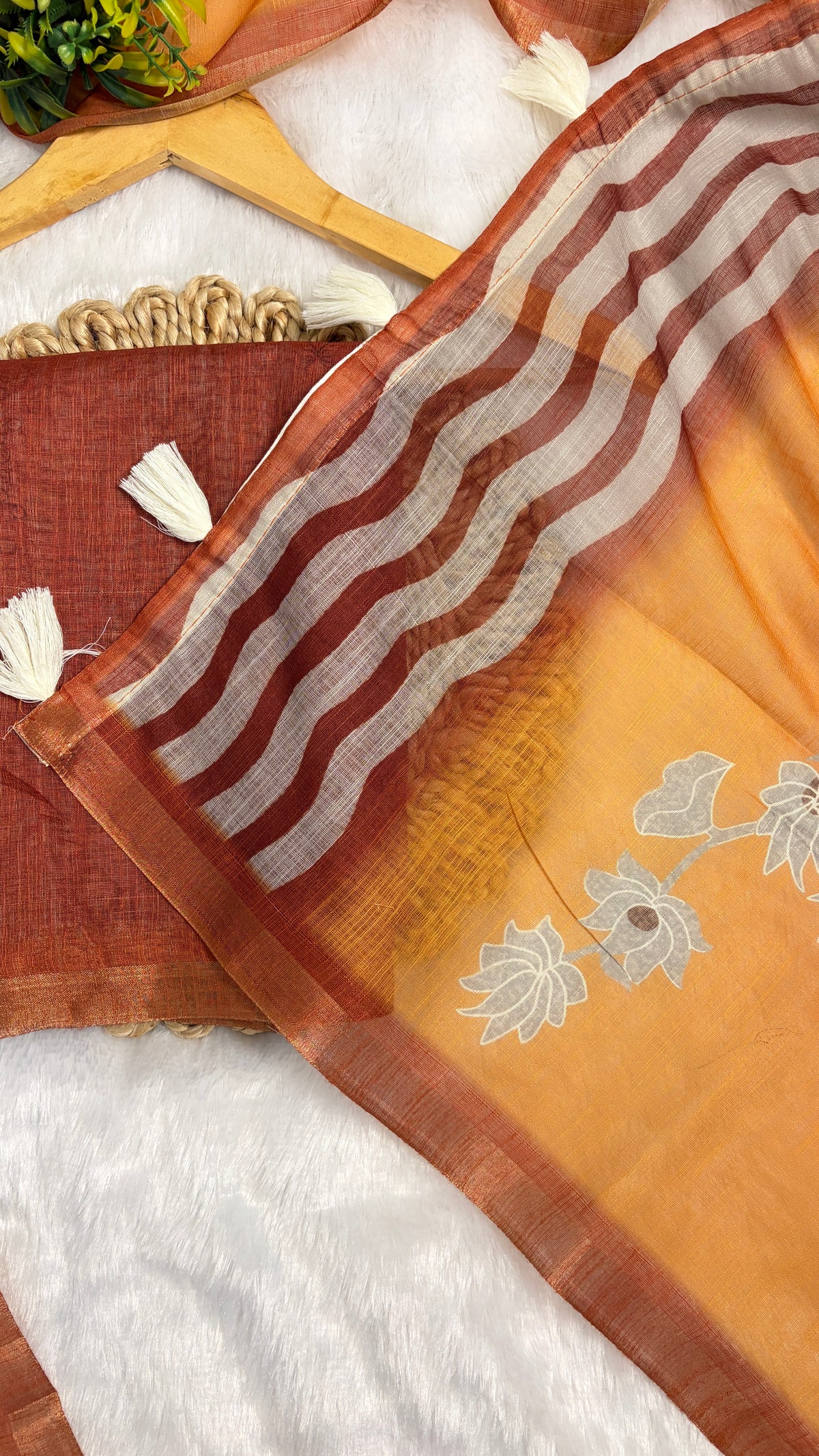 Cotton Linen Orange with Yellow Dual Color with Flower Print Saree