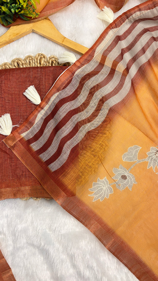Cotton Linen Orange with Yellow Dual Color with Flower Print Saree