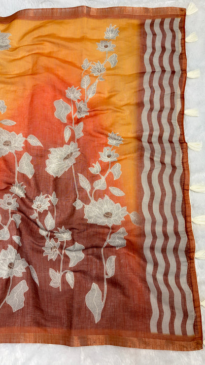 Cotton Linen Orange with Yellow Dual Color with Flower Print Saree