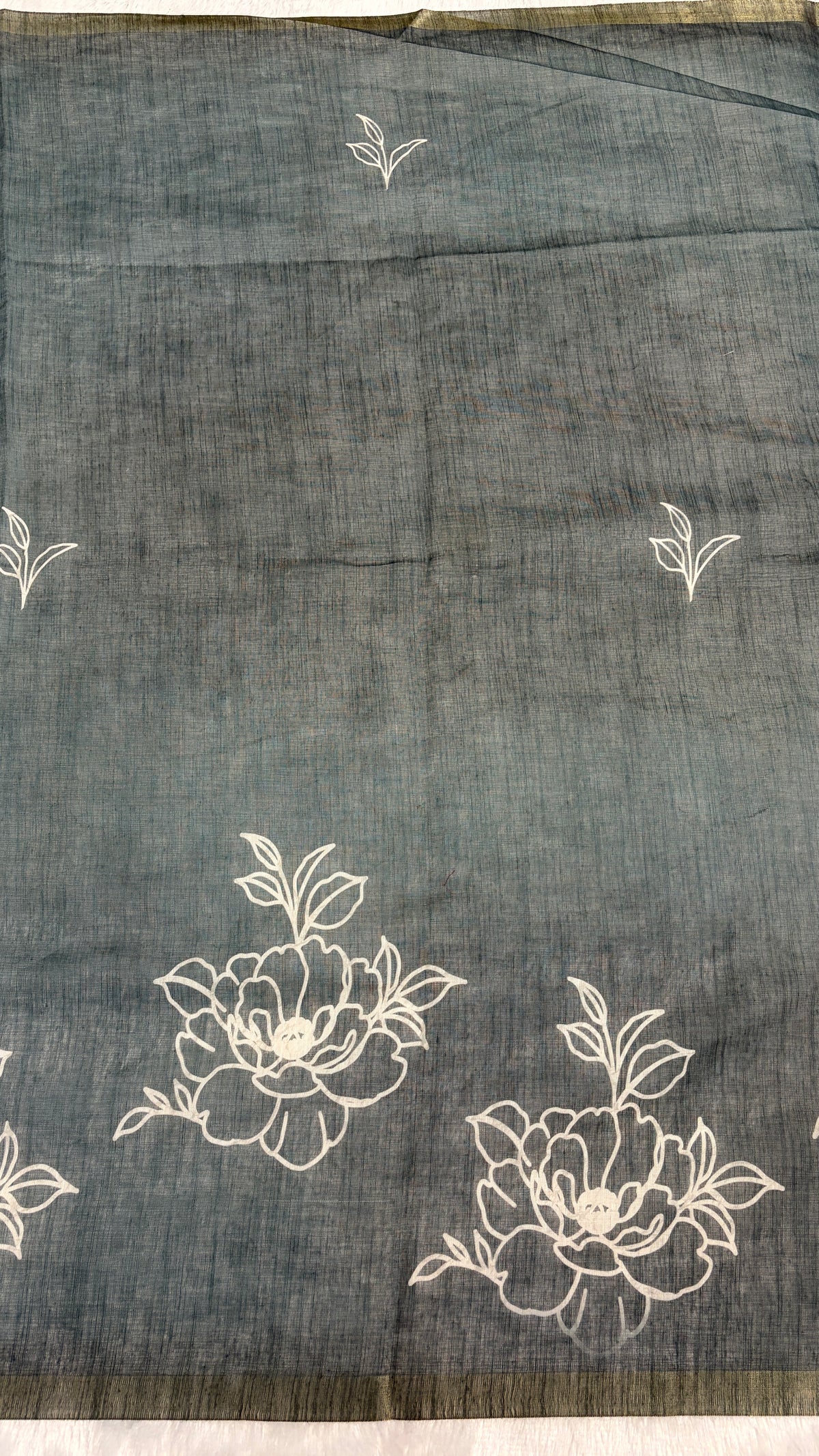 Cotton Linen Teal Blue Color Tone with Flower Print saree