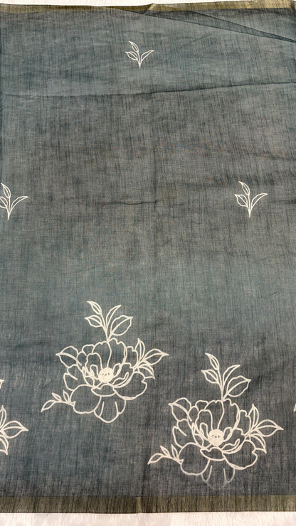 Cotton Linen Teal Blue Color Tone with Flower Print saree