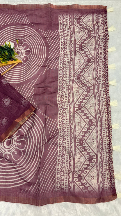 Cotton Linen Wine Color with Lines and Abstract Print Saree
