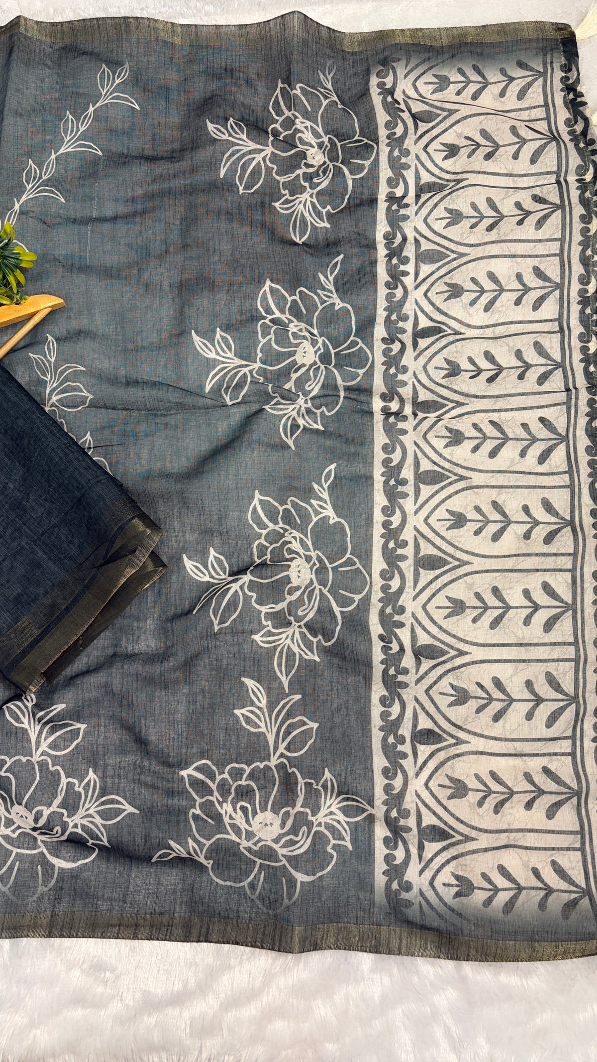 Cotton Linen Teal Blue Color Tone with Flower Print saree